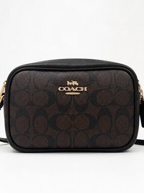 Coach Brown and Black Signature Canvas Camera Bag with Gold Hardware